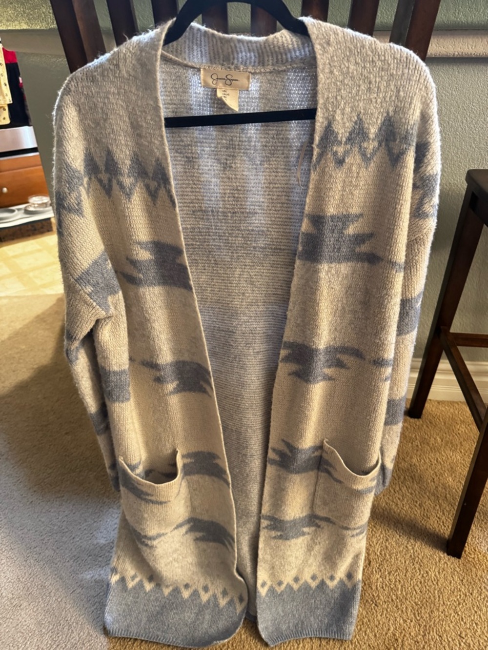 Jessica Simpson Cozy Neutral Aztec Open Cardigan - Light Gray & Cream